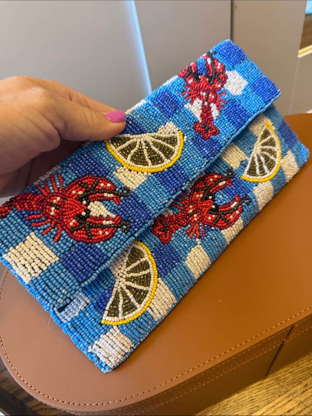 Beaded Lobster & Lemon Clutch in Blue